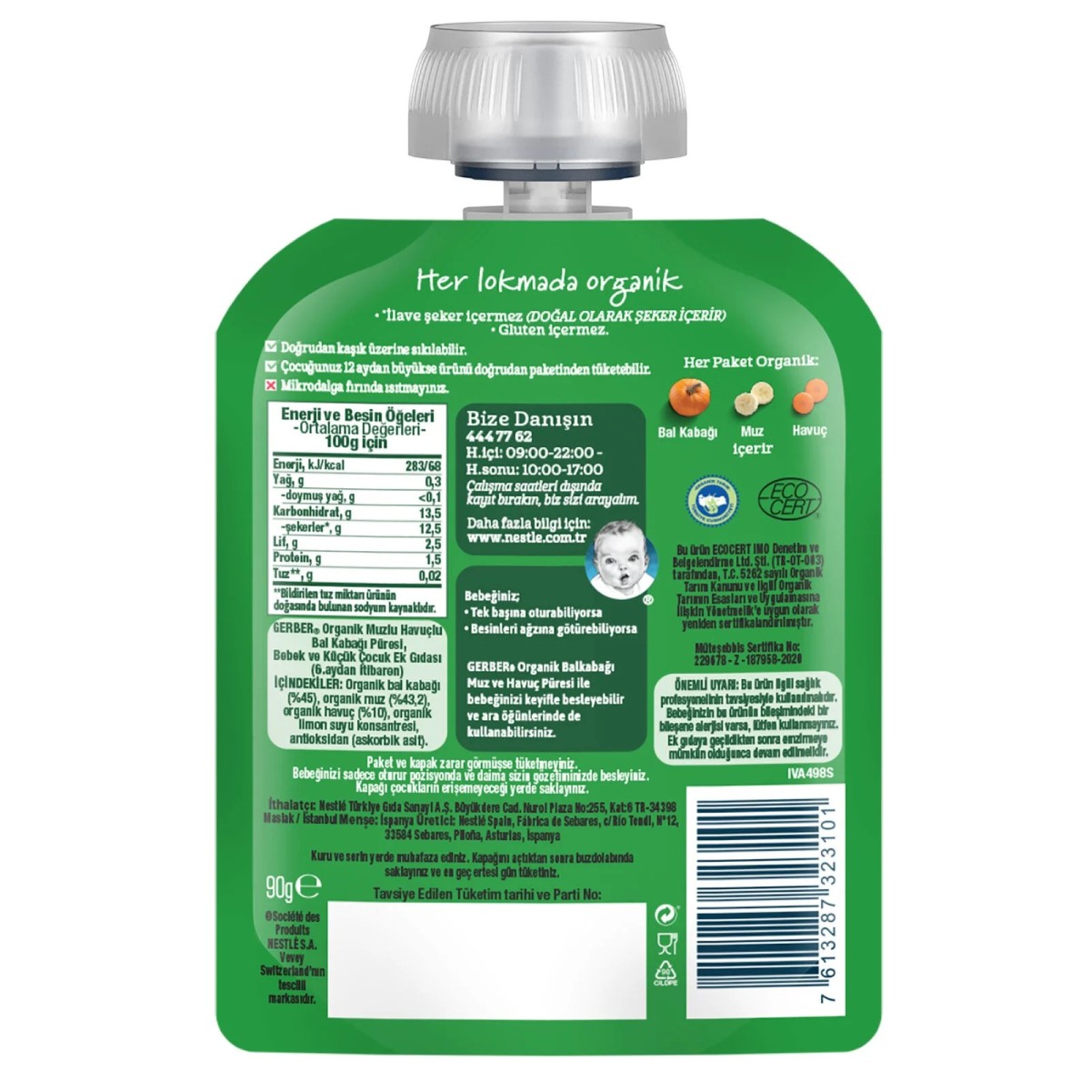 Gerber Organik Balkabaklı Muzlu Havuçlu Meyve Püresi 90 gr