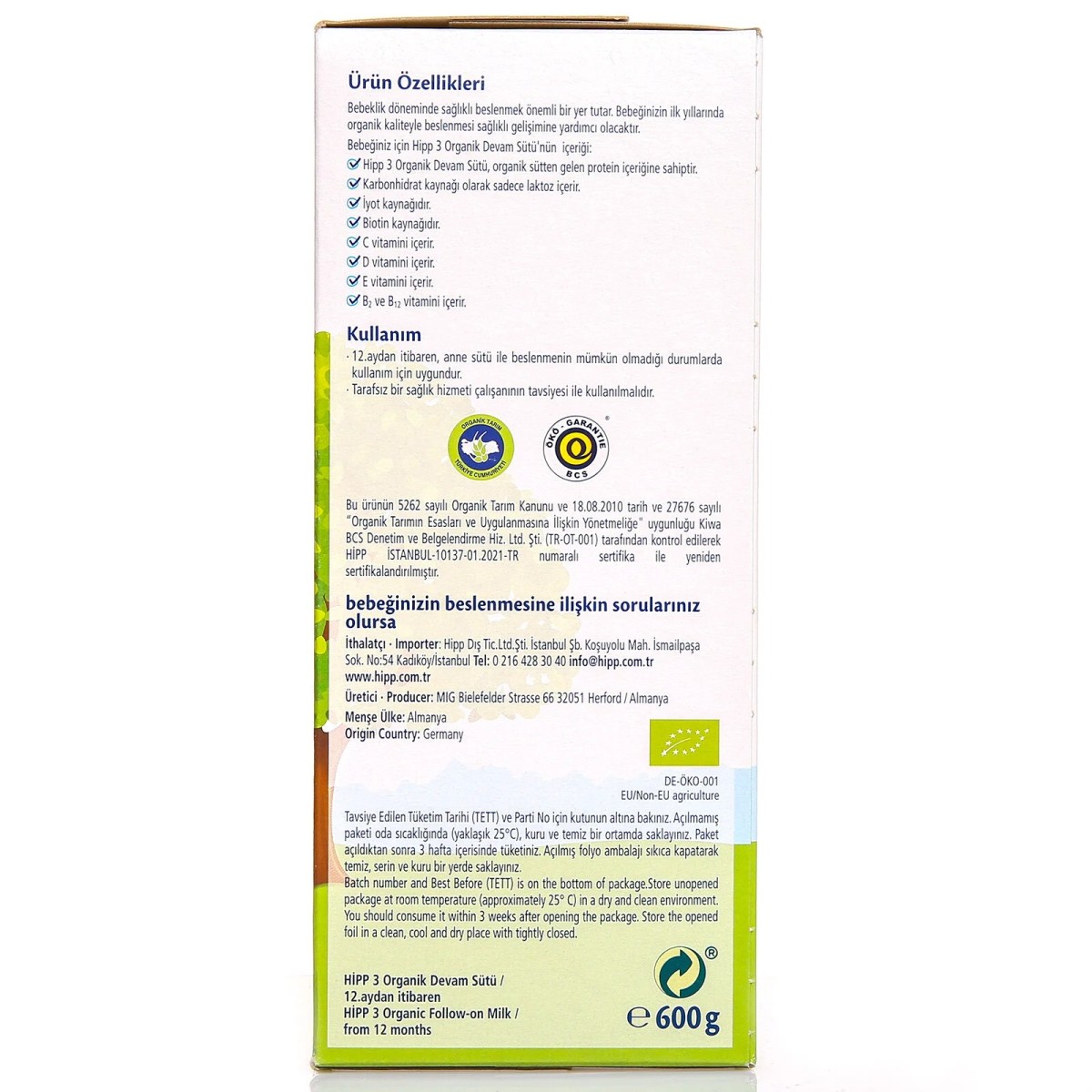 HiPP 3 Organik Çocuk Devam Sütü 600 gr 1+ Yaş