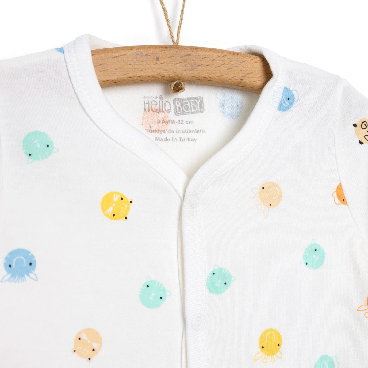 HelloBaby Yenidoğan Unisex Bebek Tulum-Body-Bere 3lü Takım İnterlok Jungle Kendinden Eldivenli Çıtçıtlı Yaka Uzun Kol Ekru