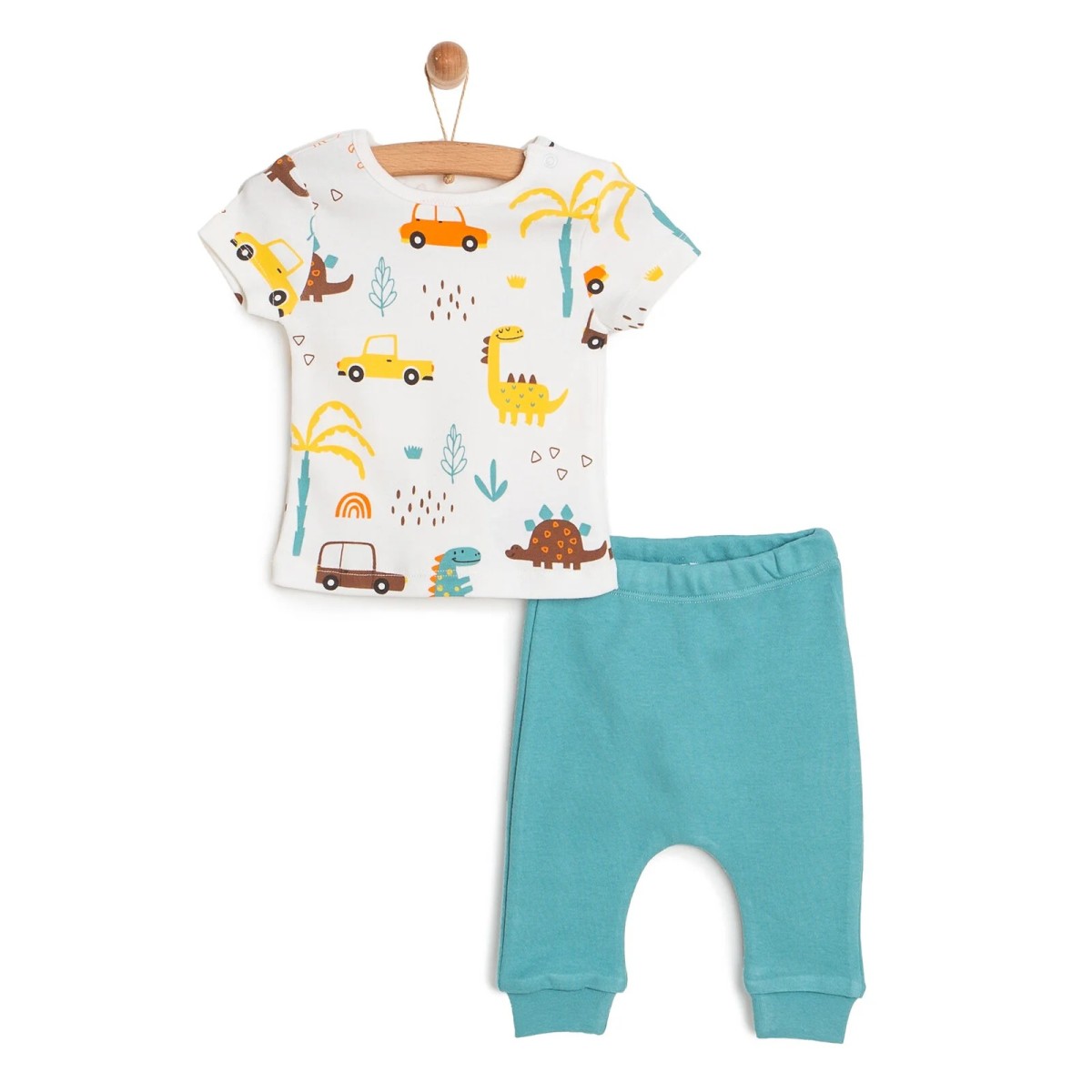 HelloBaby Yenidoğan Erkek Bebek Tshirt-Patiksiz Alt 2li Takım İnterlok Dinozor Desenli Bisiklet Yaka Kısa Kol Ribanalı Yeşil