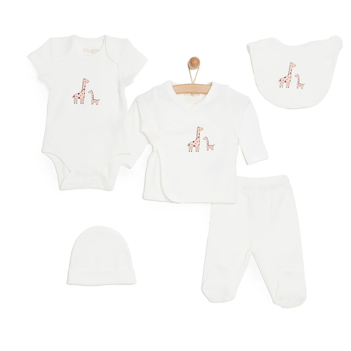 HelloBaby Yenidoğan Unisex Bebek 5li Hastane Çıkışı İnterlok Organik Zarf Yaka Uzun Kol Ekru