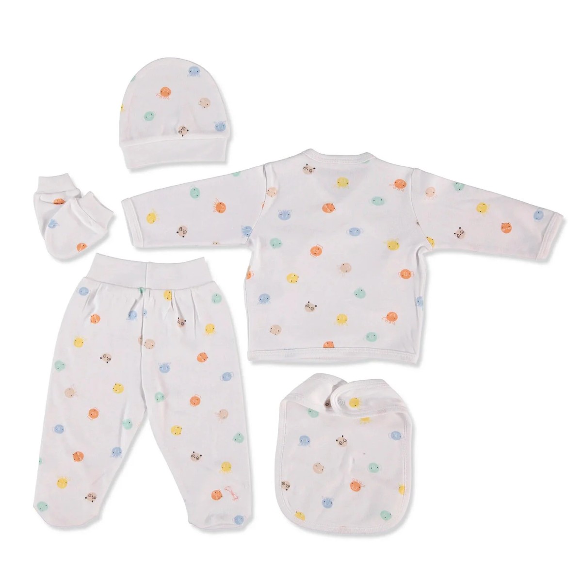 HelloBaby Yenidoğan Unisex Bebek 5li Hastane Çıkışı İnterlok Jungle Çıtçıtlı Yaka Uzun Kol Ekru
