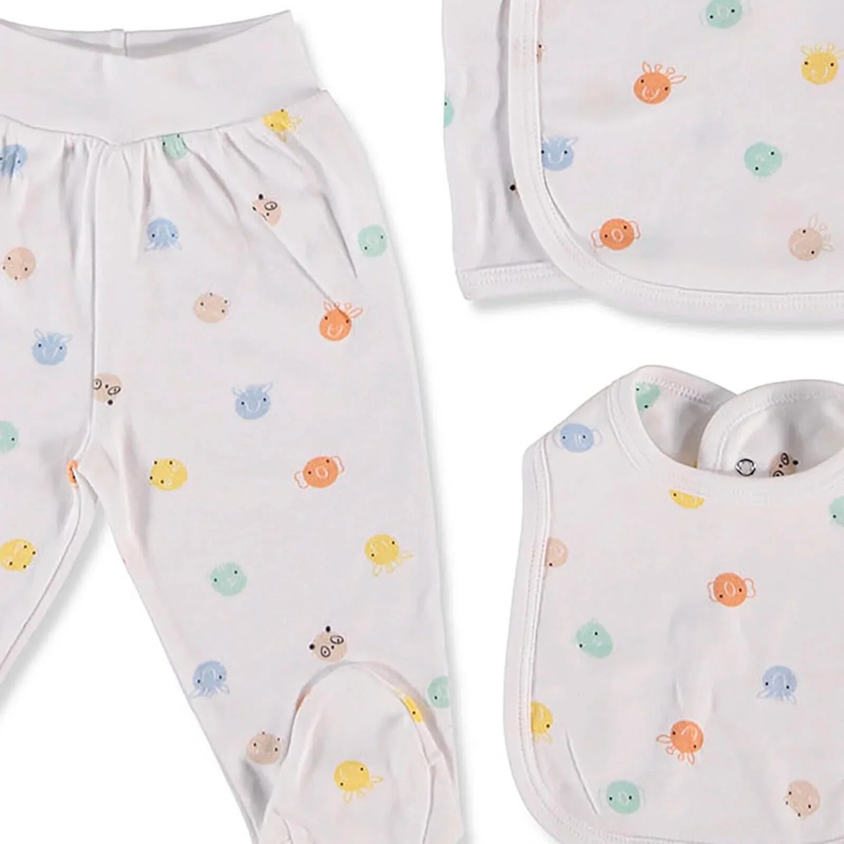 HelloBaby Yenidoğan Unisex Bebek 5li Hastane Çıkışı İnterlok Jungle Çıtçıtlı Yaka Uzun Kol Ekru