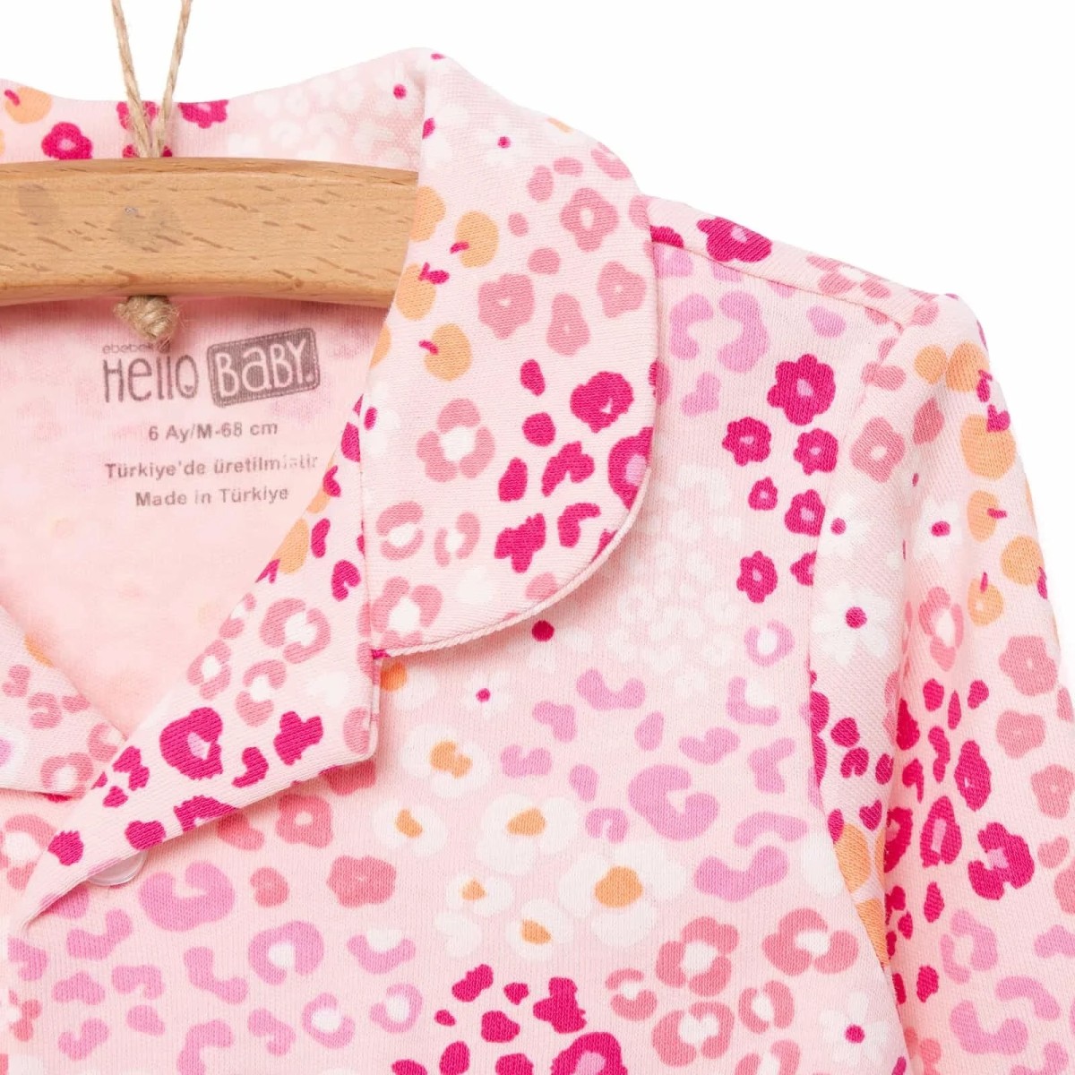 HelloBaby Kız Bebek Pijama Takımı İnterlok Çiçek Desenli Gömlek Yaka Reçme Paça Uzun Kol Pembe
