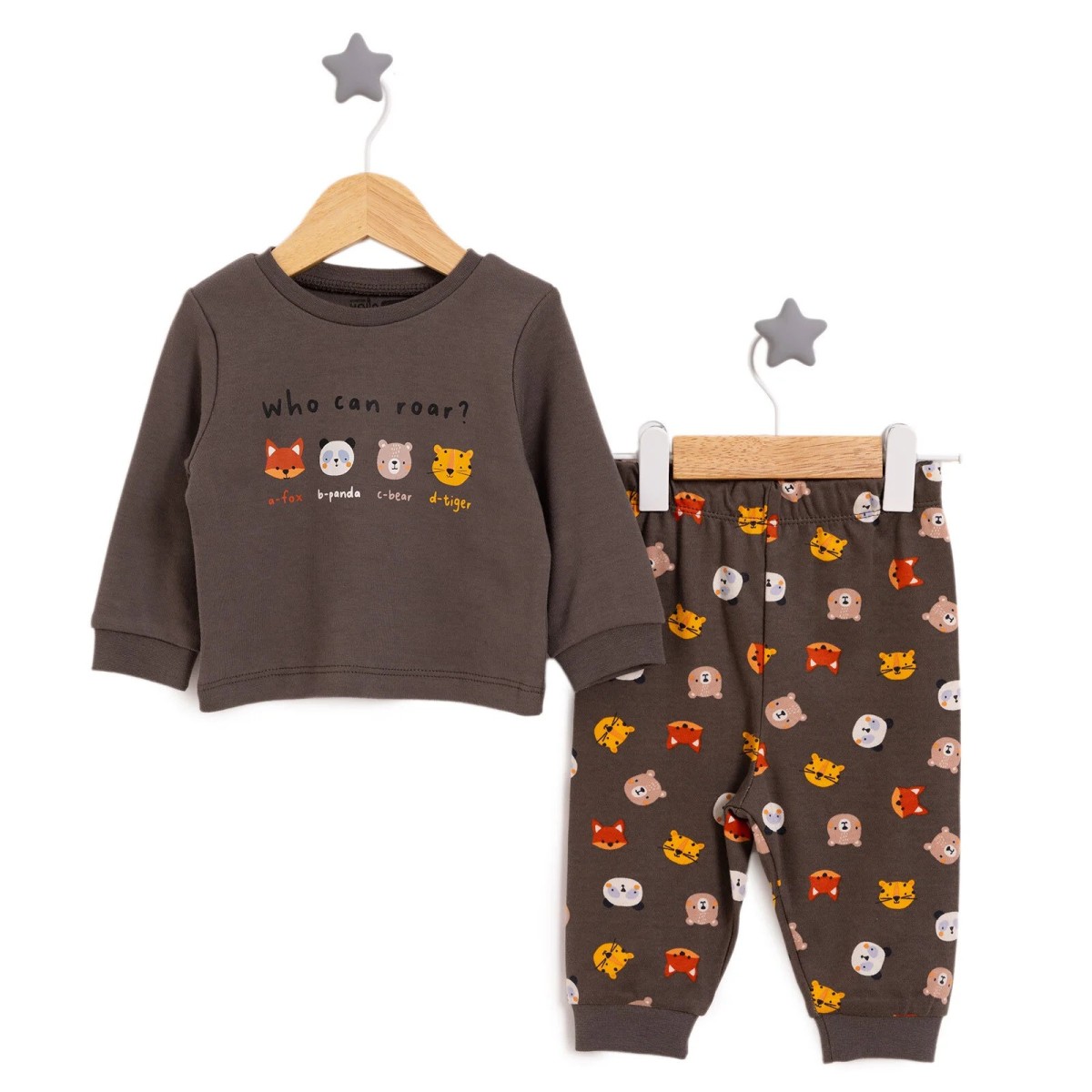 HelloBaby Erkek Bebek Pijama Takımı İnterlok Hayvan Desenli Bisiklet Yaka Ribanalı Paça Uzun Kol Haki