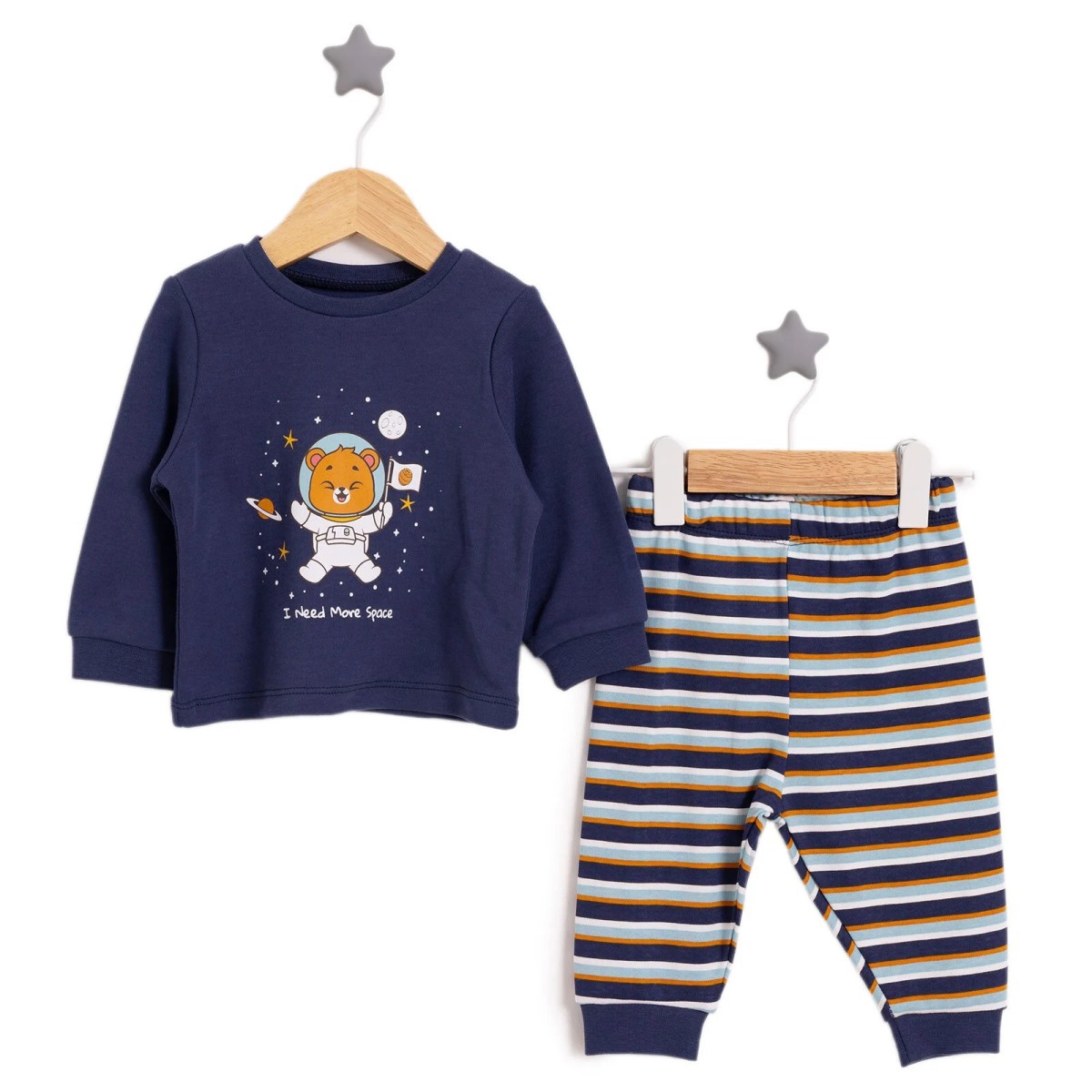 HelloBaby Erkek Bebek Pijama Takımı İnterlok Hayvan Desenli Bisiklet Yaka Ribanalı Paça Uzun Kol Lacivert