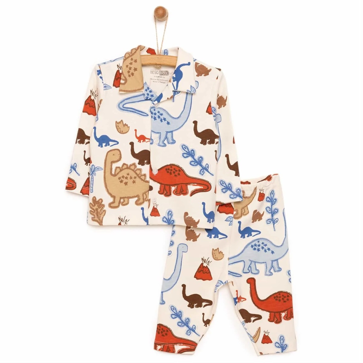HelloBaby Erkek Bebek Pijama Takımı İnterlok Dinozor Desenli Gömlek Yaka Reçme Paça Uzun Kol Ekru